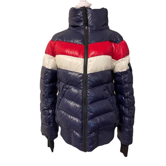 S13 Retro 70s Striped Lacquer Duck Down Puffer Coat L - Picture 1 of 8